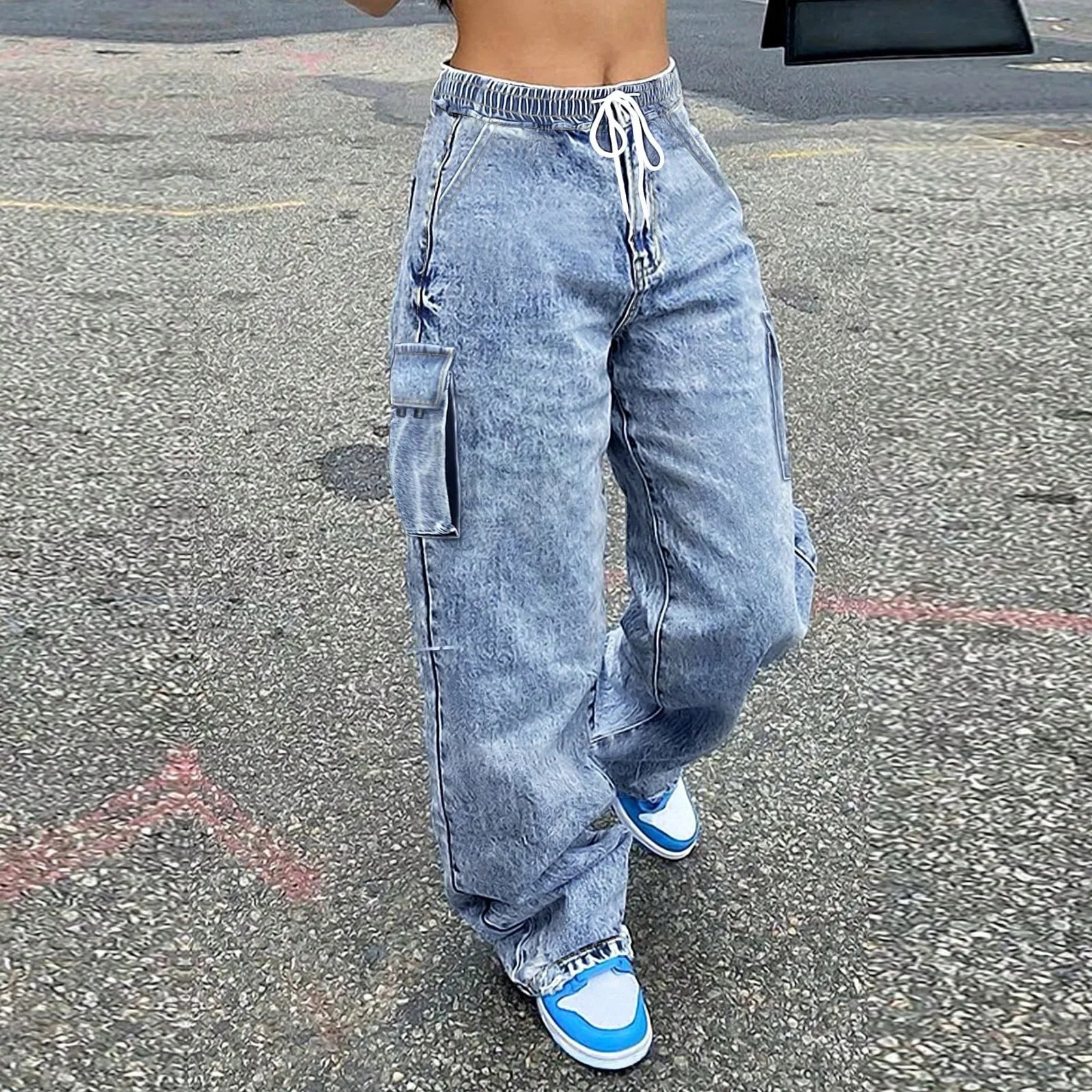 Women's Baggy Jeans Loose Cargo Pants Streetwear Hip Hop Wide-leg jeans Casual Loose Drawstring wide leg pants Fashion Trousers